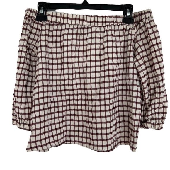 Lumière cotton/linen blend off-the-shoulder gingham tie-front top - Picture 3 of 11